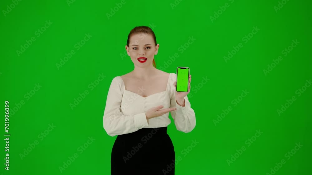 Portrait of attractive office girl on chroma key green screen. Woman in skirt holding mobile phone with mockup and talking at camera, advertises service Portrait of attractive office girl on chroma key green screen. Woman in skirt holding mobile phone with mockup and talking at camera, advertises service