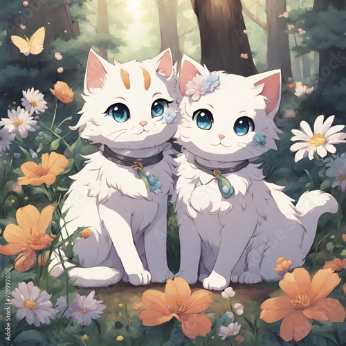 Cute anime cat residing in a forest full of flowers