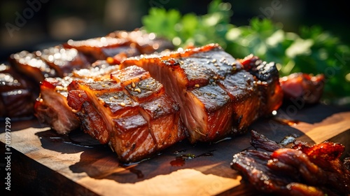 Close up of grilled pork belly meat photo