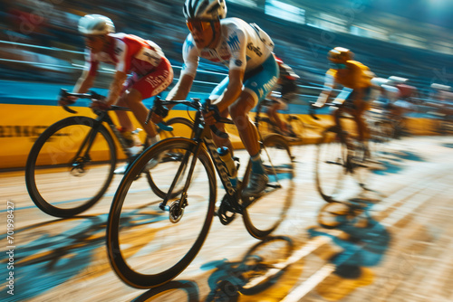 Convey the velocity of a group of cyclists in an Olympic velodrome with dynamic motion blur. Focus on the blurring effect to create a sense of speed.