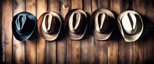 Five cowboy hats of different colors aligned horizontally against a vignette wooden backdrop.