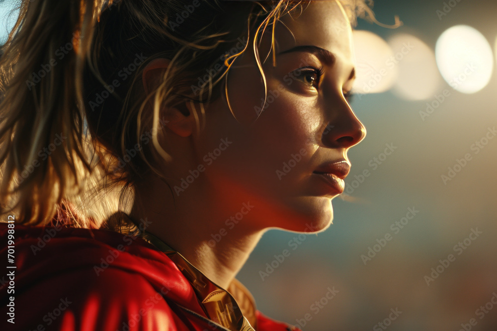 A beautiful young woman, either an athlete or teammate, emphasize the joy and pride in her face by utilizing a close-up shot to capture the intimacy of the moment. A beautiful young woman, either an athlete or teammate, emphasize the joy and pride in her face by utilizing a close-up shot to capture the intimacy of the moment.
