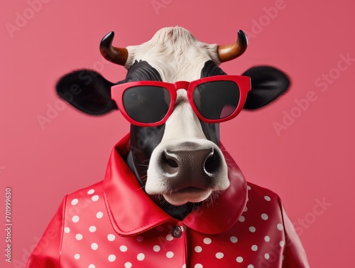 portrait photo of anthropomorphic fashion Cow dressed for Valentine's Day, isolated on pink color background, with copy space