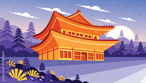 Korean Culture Building Nature View Illustration