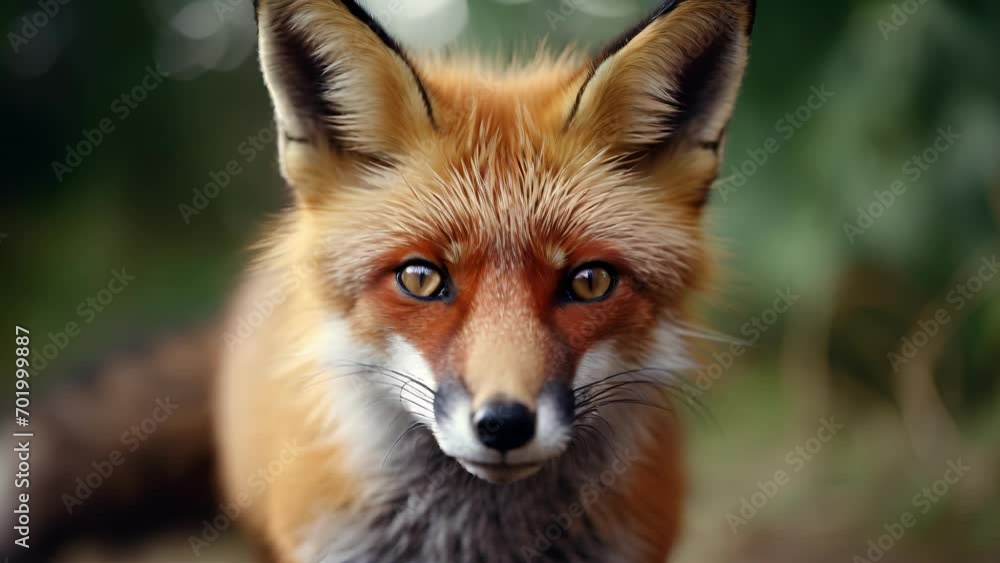 Extreme closeup of a red foxs curious stare, its ears perked and head tilted as it observes its environment. Extreme closeup of a red foxs curious stare, its ears perked and head tilted as it observes its environment.