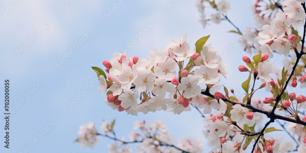 Springtime. Many blossoms are blooming on the branches, blue sky