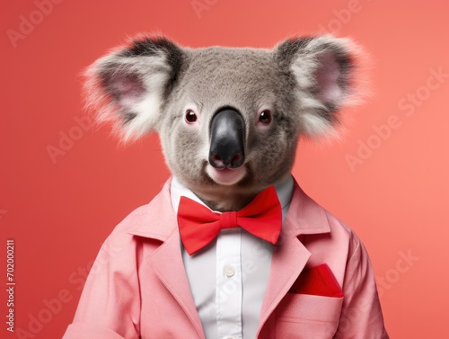 portrait photo of anthropomorphic fashion Koala dressed for Valentine's Day, isolated on red color background, with copy space