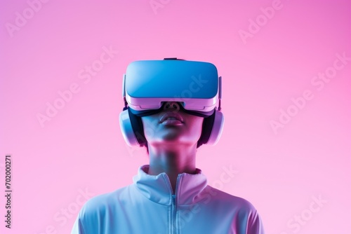 Woman wearing virtual reality glasses in neon light. Portrait with selective focus and copy space for inscription © Space Priest
