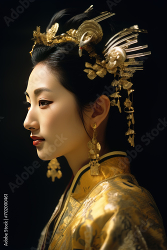 Portrait of a beautiful asian woman in traditional costume with lots of gold