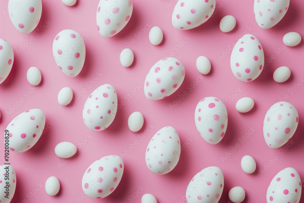 Pattern of pink and white Easter eggs over pink background.