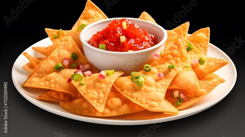 Nachos Mexican corn chips with salsa sauce isolated on white background. photo