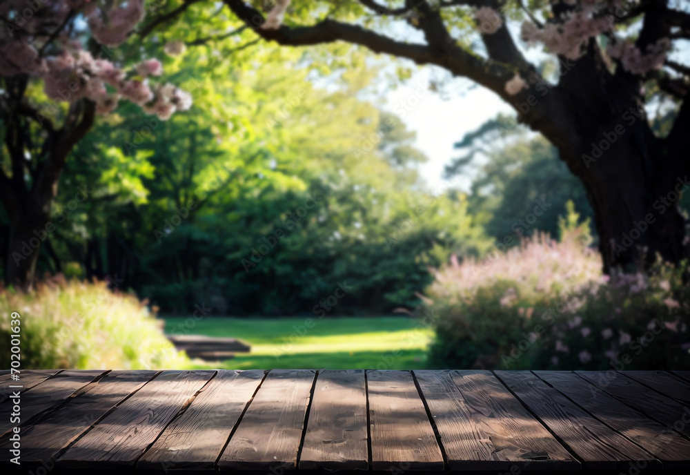 empty table mock up with cherry blossom tree background spring view ai generated empty table mock up with cherry blossom tree background spring view ai generated
