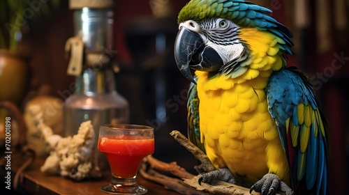 Parrot drinking a cocktail in a bar, tropical cocktail, tropical event, paradise island, tropical themed party, parakeet with a cocktail glass, pirate themed bar, pirate party