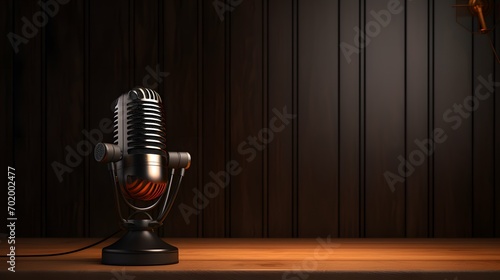 Podcasting and radio concept with retro microphone and headphones on empty wooden table and dark blank wall background with place for your logo or text. 3D rendering, mock up photo