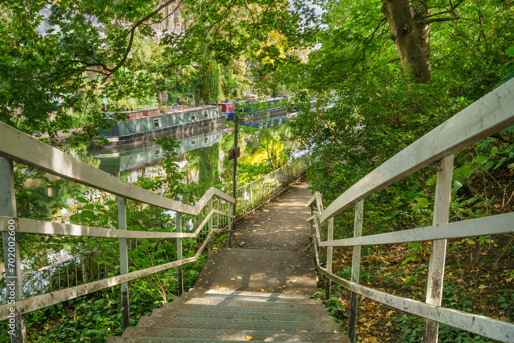 Stairs entrance into Regent’s canal in Islington area of London