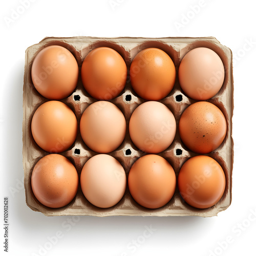 12 open egg box with ten brown eggs isolated on white background with clipping path. 