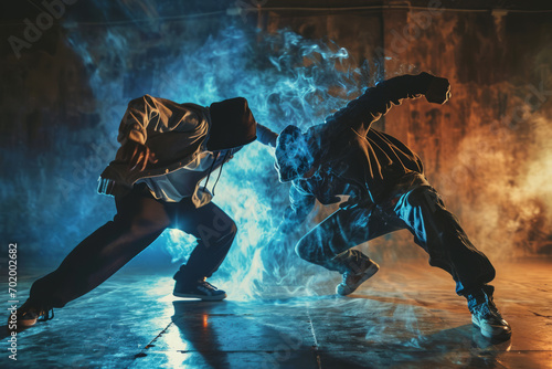 Illustrate the intensity of a breaking battle moment as two dancers face off. Emphasize the competitive spirit and creativity in their movements. photo