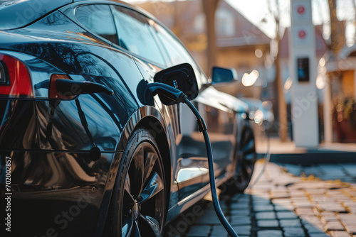 A modern electric car is charging at the charging station