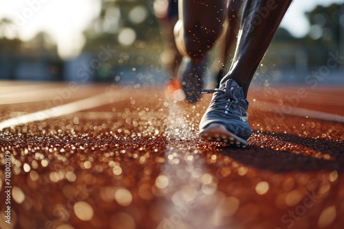 Capture the intensity of a sprint workout on the track. Emphasize the dedication and effort in the athlete's training. Utilize a close-up shot on feet to highlight the determination.