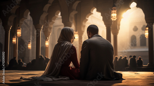 Young Muslim couple praying Islamic tradition sharing the religious culture of Ramadan Muslim lifestyle