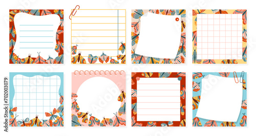 Paper sticky notes, Notepaper Sticker Notepads set with butterfly. Sheet list copybook page lined grid. Stationery elements planning education blank organizer. Isolated cartoon vector illustration