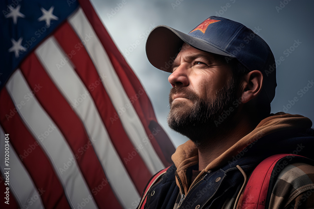 Obraz premium A solemn worker alongside the American flag.