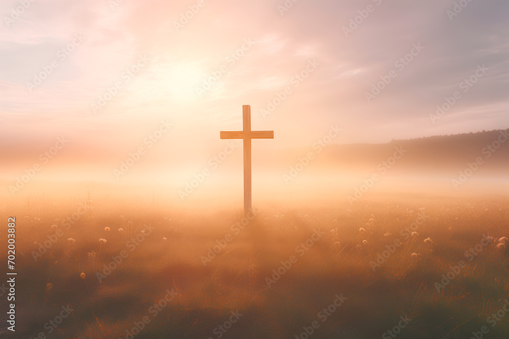 Symbolizing Ascension Day: A cross stands tall against an autumn sunrise meadow backdrop.