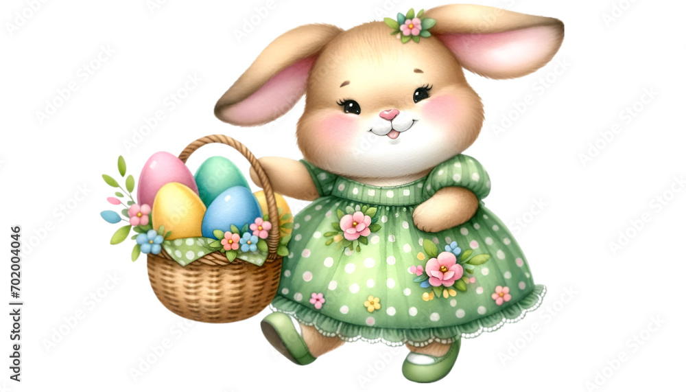 Watercolor of cute bunny in cute green flower pattern dress, She carrying Easter eggs basket. Easter season. Watercolor of cute bunny in cute green flower pattern dress, She carrying Easter eggs basket. Easter season.