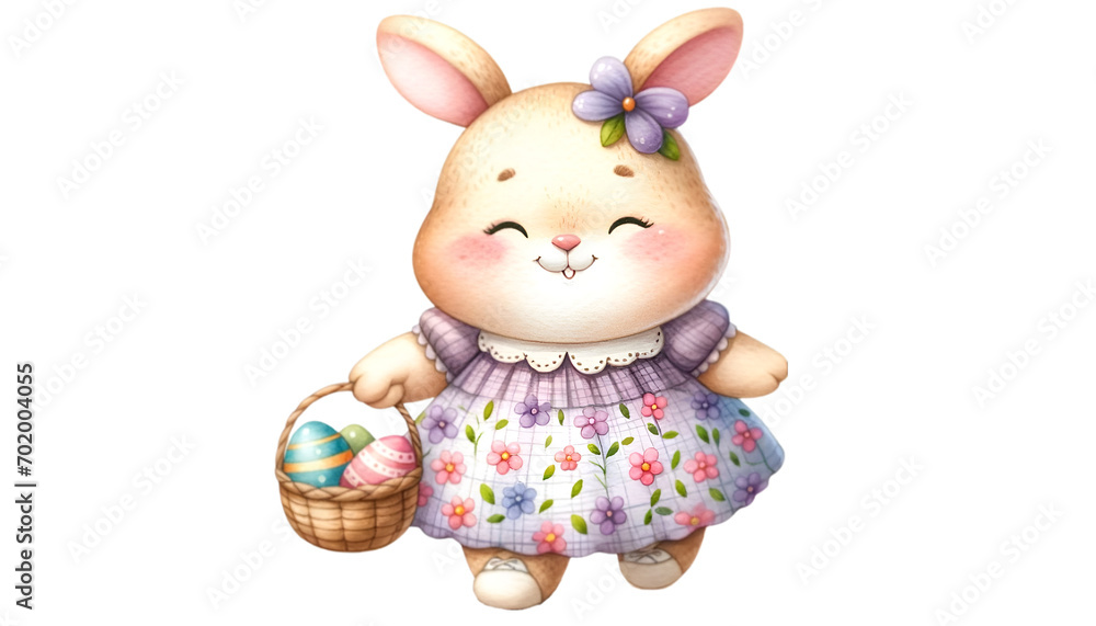 Watercolor of a cute bunny in a purple flower-pattern dress carrying Easter eggs basket. Creative clip art design. Easter season. Watercolor of a cute bunny in a purple flower-pattern dress carrying Easter eggs basket. Creative clip art design. Easter season.