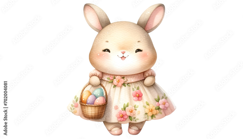 Watercolor  of a cute bunny in a pink flower-pattern dress carrying Easter eggs basket. Creative clip art design. Easter season. 