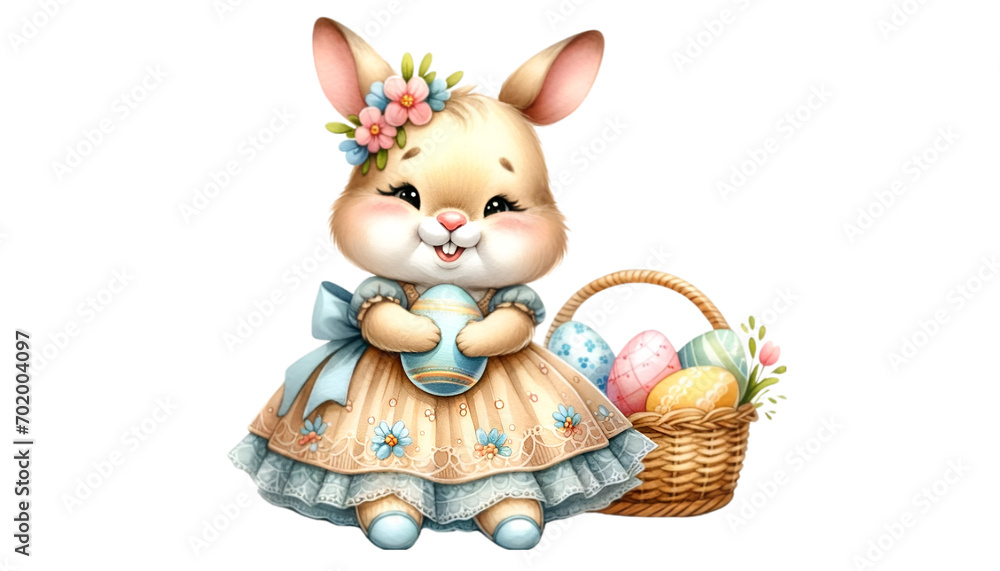 Watercolor of a cute bunny in a blue flower-pattern dress carrying Easter eggs basket. Creative clip art design. Easter season. Watercolor of a cute bunny in a blue flower-pattern dress carrying Easter eggs basket. Creative clip art design. Easter season.