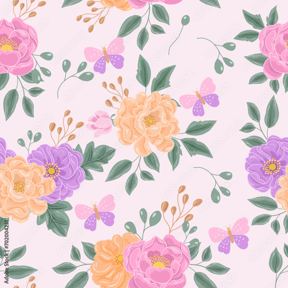 Hand Drawn Pastel Rose and Anemone Flower Seamless Pattern