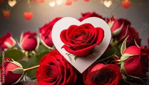 a close-up of a heart-shaped Valentine s card surrounded by vibrant red roses  beauty of love red hearts on white background  bouquet of roses with heart