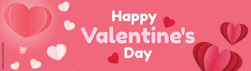 Happy Valentine's day poster or voucher. Beautiful paper cut white clouds with white heart frame on pink background.