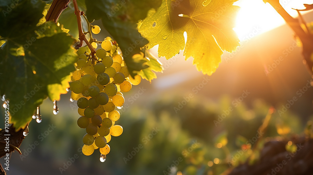 A tender grapevine shoot ascends in a vineyard, glistening with dew in the crisp sunrise - obrazy, fototapety, plakaty 