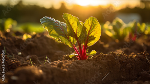 A tender beetroot leaf emerges in a cultivated land, greeted by the warm, late afternoon sun