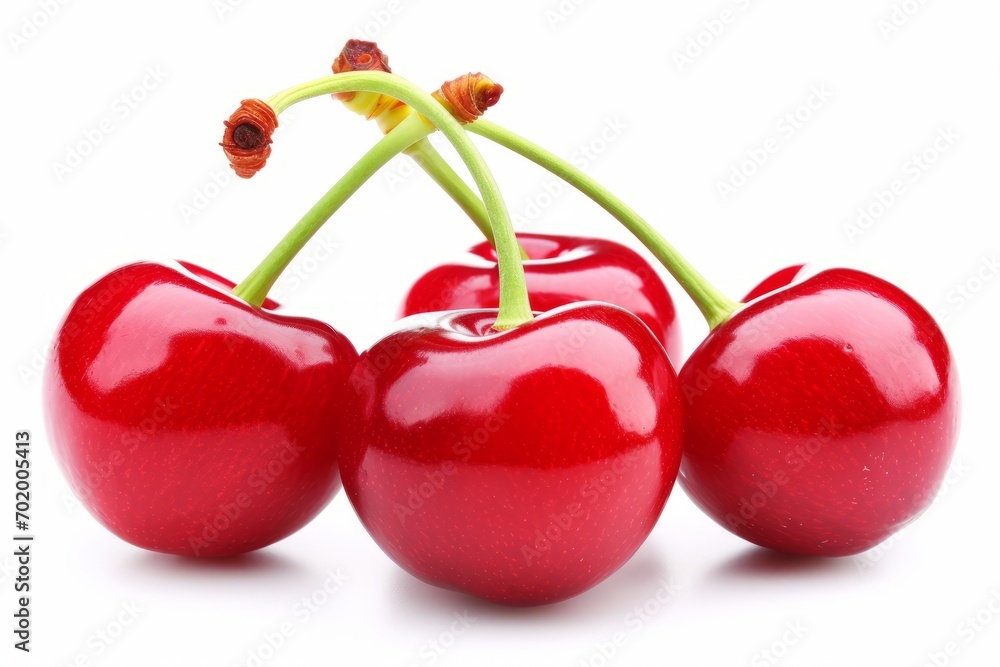 An image captures a group of three cherries stacked on top of each other, highlighting their shiny finish. An image captures a group of three cherries stacked on top of each other, highlighting their shiny finish.