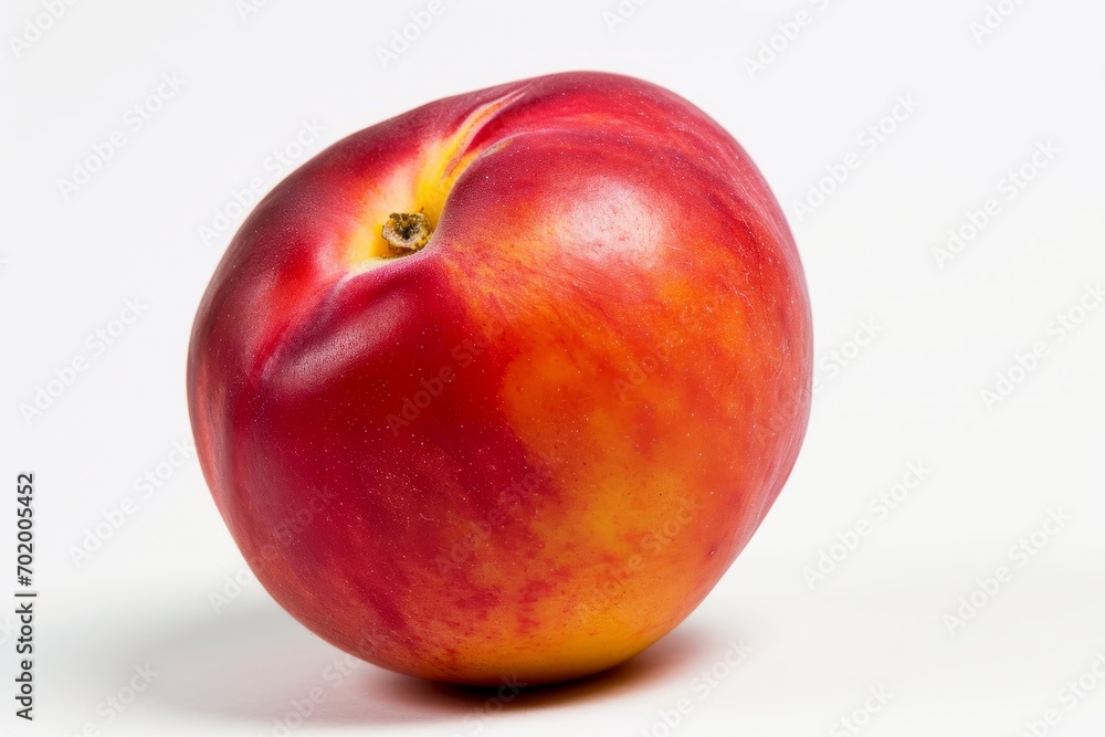 A hyper-realistic photo captures a red apple and a juicy peach sitting on a white surface. A hyper-realistic photo captures a red apple and a juicy peach sitting on a white surface.