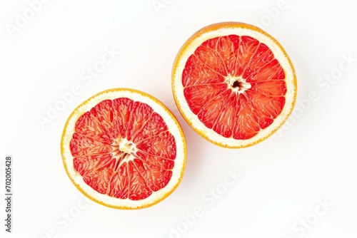 A high-quality product photo presents two grapefruits cut in half on a white surface, emphasizing their vibrant red and orange hues.