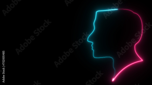Glowing neon human head and silhouette icon isolated on black background. Motion graphic , human anatomy and science concept.