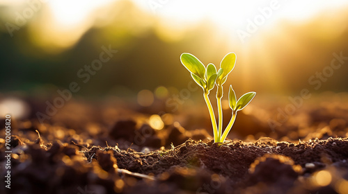 A delicate flaxseed sprout grows on a farm, basking in the golden rays of the late morning sun