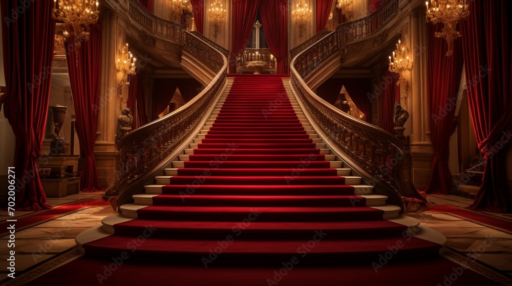 A breathtaking view of a red carpet guiding the way to a regal VIP staircase, illuminated by soft ambient lights.
