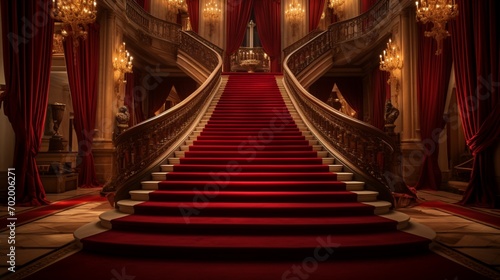 A breathtaking view of a red carpet guiding the way to a regal VIP staircase  illuminated by soft ambient lights.