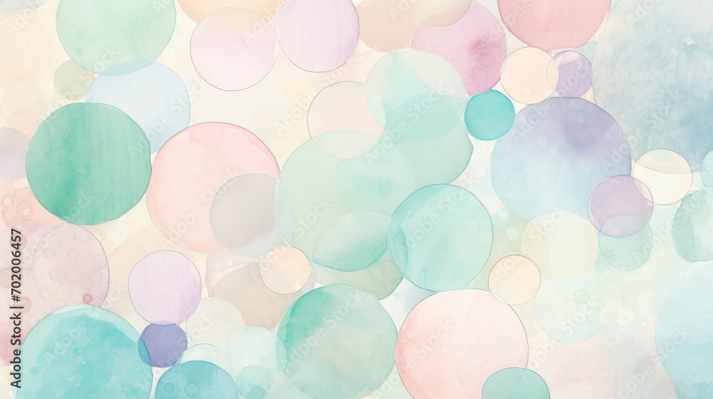 Soft watercolor circles in Aqua, Mint Cream colors styled with a playful vibe, whimsical shapes. Trendy pastel background with creative drawing. Festive card. - obrazy, fototapety, plakaty 