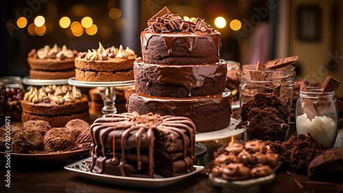A heavenly view of a table overflowing with indulgent chocolate desserts, from fluffy chocolate mousse to gooey lava cakes, ready to fulfill any chocolate lovers fantasy. photo