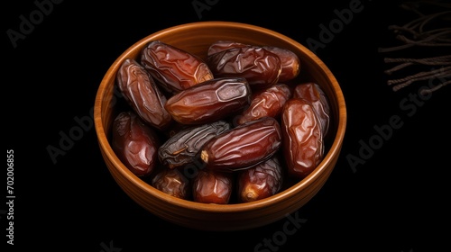 Dried dates in a bowl on a black background, top view