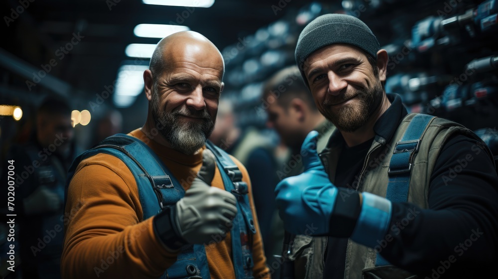 Two men Car technician giving thumbs up with wrench