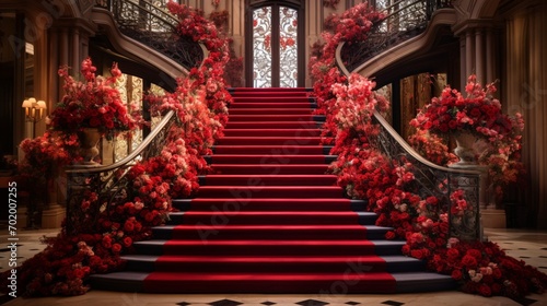 A captivating red carpet unfolding towards a breathtaking VIP staircase, surrounded by vibrant flowers and architectural marvels.