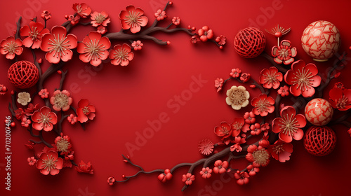 2024 Chinese new year banner copy space background with red cherry blossoms or Sakura on red background, festive, greeting, celebrating season concepts