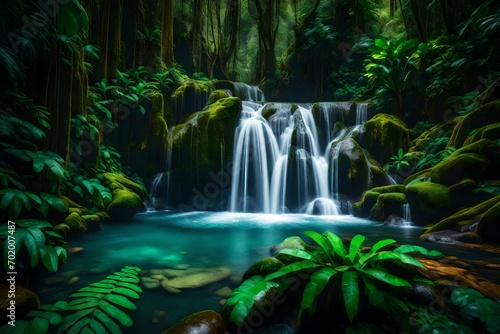 A concealed waterfall in the rainforest mountains  crystal waters cascading into a serene pool.